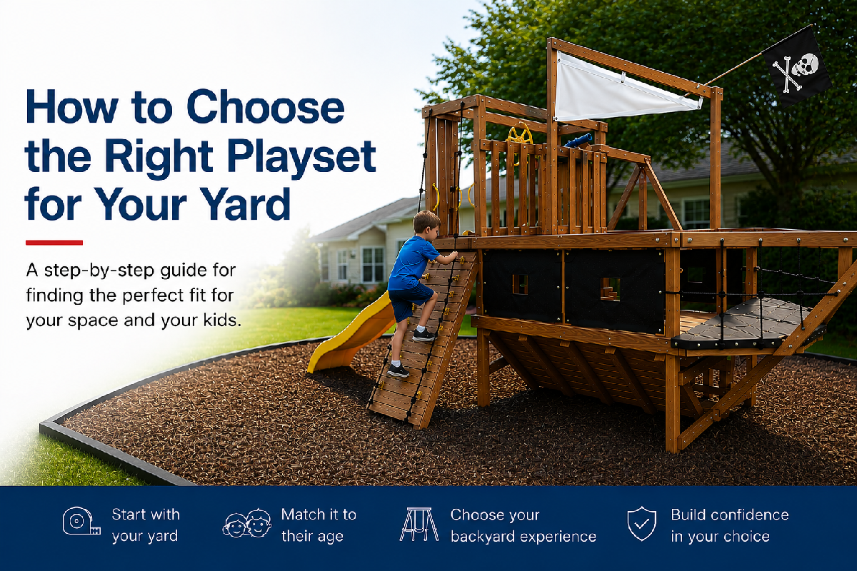 Children playing on a PlayStar pirate ship playground set in a backyard